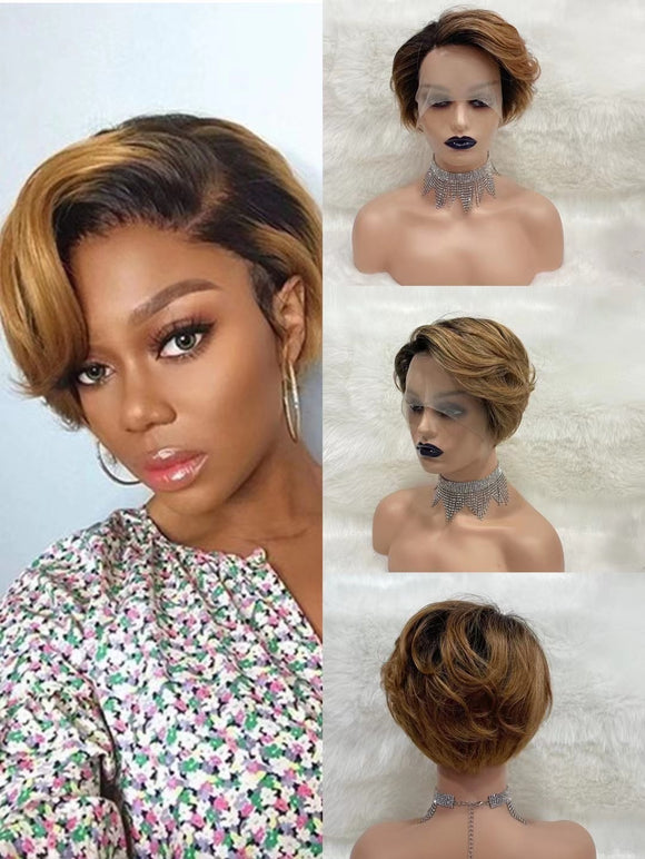 Ombre 1b/27# Pixie Cut Human Hair Wig T Part Lace Curly