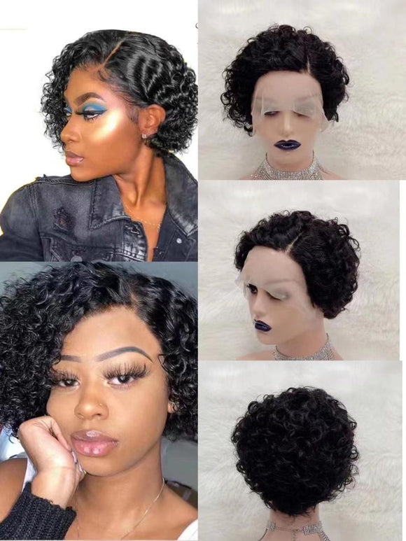 Black Curly Pixie Cut Brazilian Hair Wig T Part Lace Frontal