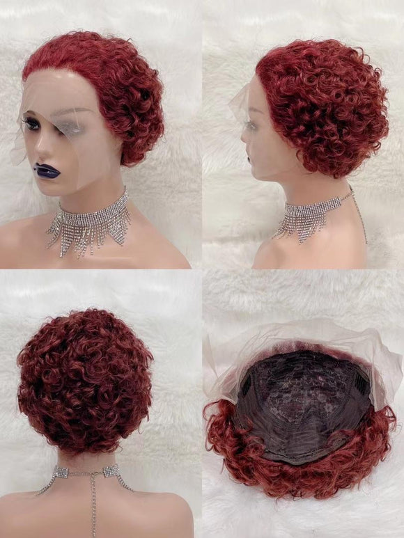 99J curly pixie cut Brazilian Hair Wig T Part Lace Curly
