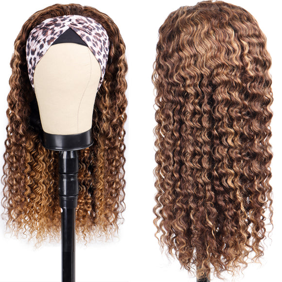 Honey Blonde Headband Wig Brazilian Human Hair Deep Wave Highlight Ombre P4/27