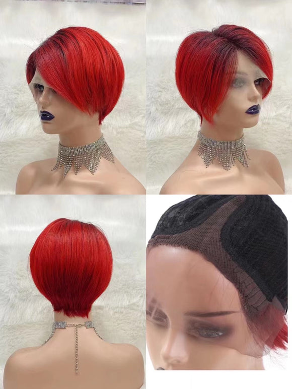 1b/burg Pixie Cut Brazilian Hair Wig T Part Lace Frontal