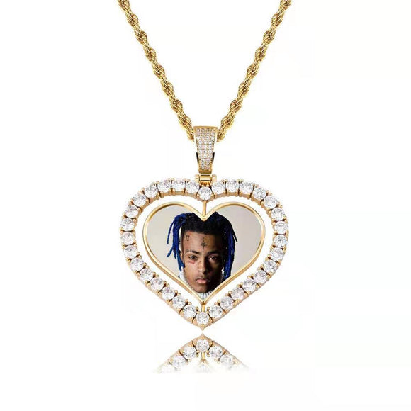 Custom Picture Pendant Necklaces - Cubic Zirconia Diamond Necklace, Color: - Rotatable Heart Gold