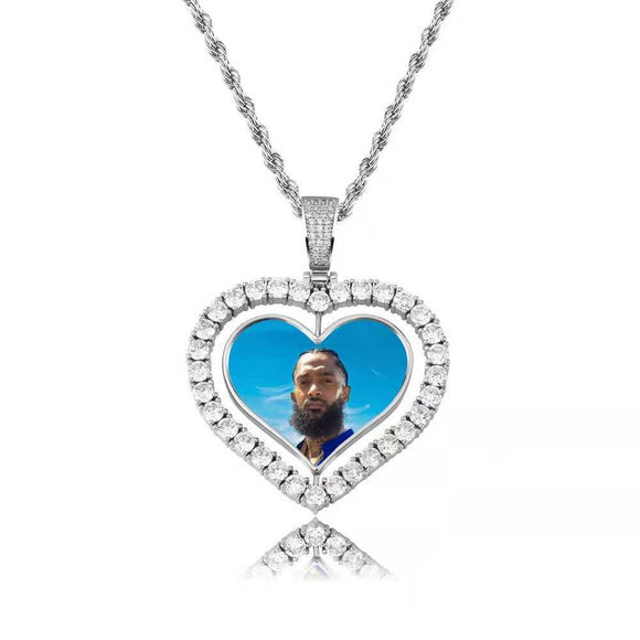 Custom Picture Pendant Necklaces - Cubic Zirconia Diamond Necklace, Color: - Rotatable Heart Silver