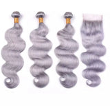 Silver Gray Human Hair Virgin Brazilian Hair Weaves 3 Bundles with Closure Straight Colored Grey Human Hair Bundle