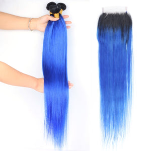 Ombre Ocean Blue Brazilian Remy Human- Bundles or Bundles with Closure