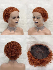 Bright Orange Pixie Cut Brazilian Hair Wig T part Lace  Curly Short Pixie Human Hair 350# curly pixie cut