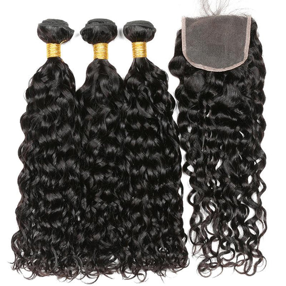 8a Water Wave Brazilian Human Hair 3 bundles plus 4*4 Closure